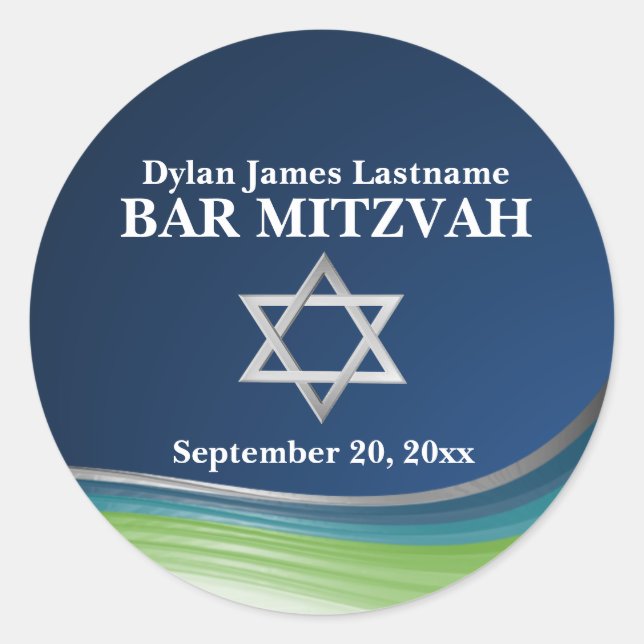 Steel Blue and Green Wave Star of David Name Classic Round Sticker (Front)