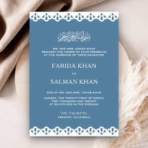 Steel Blue and White Lace Islamic Muslim Wedding Invitation