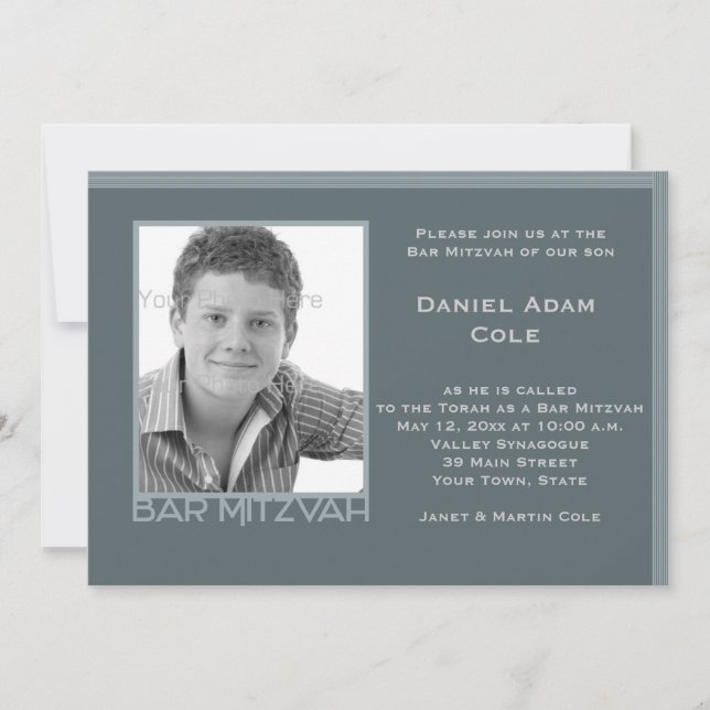Steel Blue Bar Mitzvah Photo Invitation (Front)