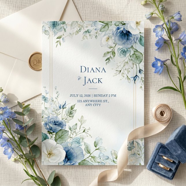 Steel Blue Botanical Rose Gold Double Frame Invitation (Creator Uploaded)