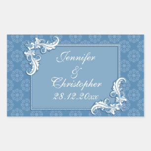 Steel Blue Damask and Floral Frame Wedding Rectangular Sticker