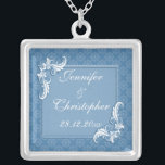 Steel Blue Damask and Floral Frame Wedding Silver Plated Necklace<br><div class="desc">A vintage style design for your upcoming nuptials featuring a subtle damask pattern on a steel blue background. The text is surrounded by a rectangular frame with a floral swirl in two of the corners with a raised printed effect. The text is fully customisable for your own special occasion. The...</div>