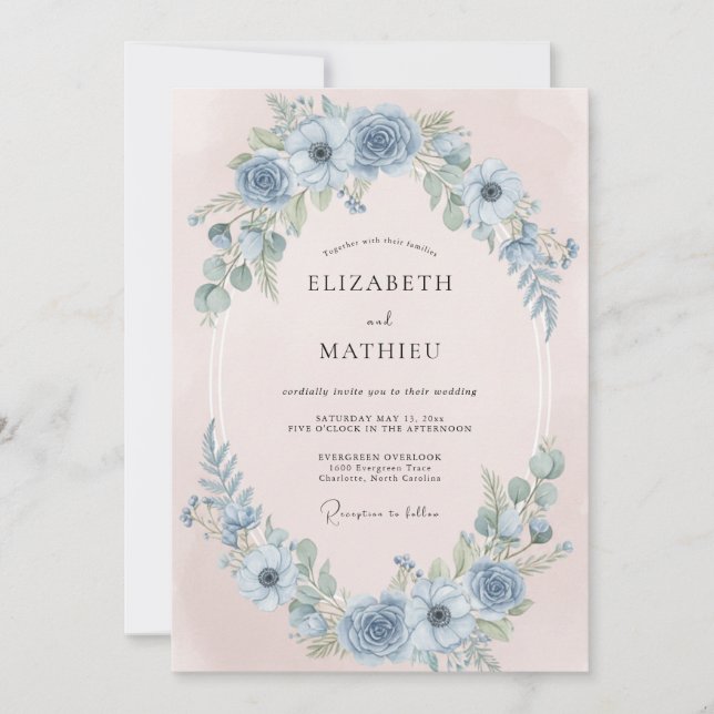 Steel Blue Dreamy Anemone Wedding Invitation (Front)