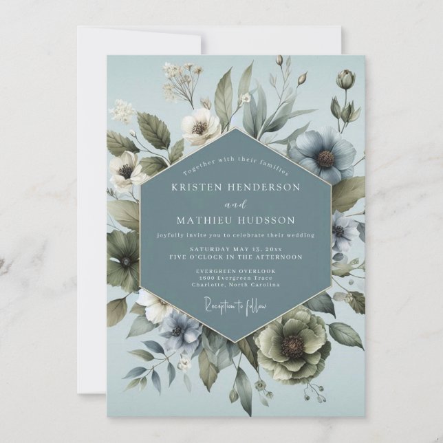 Steel Blue Ethereal Anemone Wedding Invitation (Front)