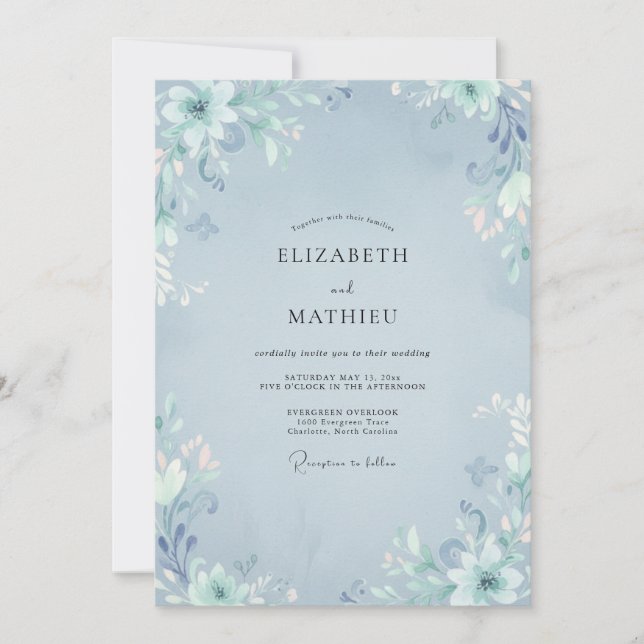 Steel Blue Ethereal Botanical Wedding Invitation (Front)