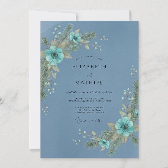 Steel Blue Ethereal Winter Wedding Invitation (Front)