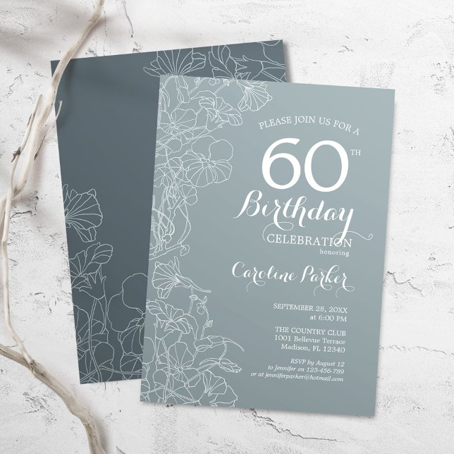 Steel Blue Floral 60th Birthday Party Invitation (Creator Uploaded)