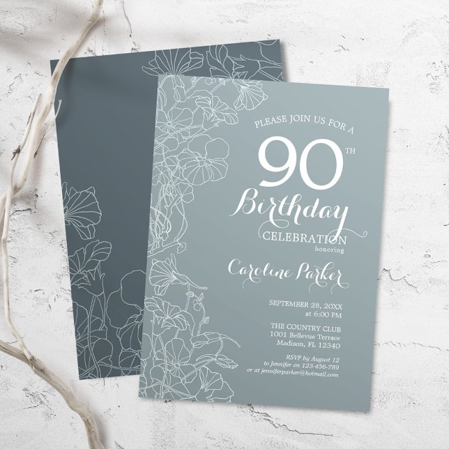 Steel Blue Floral 90th Birthday Party Invitation (Creator Uploaded)