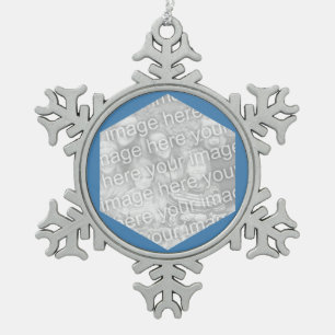 Steel Blue Hexagon Photo Border Snowflake Pewter Christmas Ornament