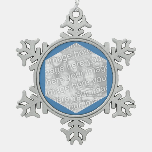 Steel Blue Hexagon Photo Border Snowflake Pewter Christmas Ornament (Front)