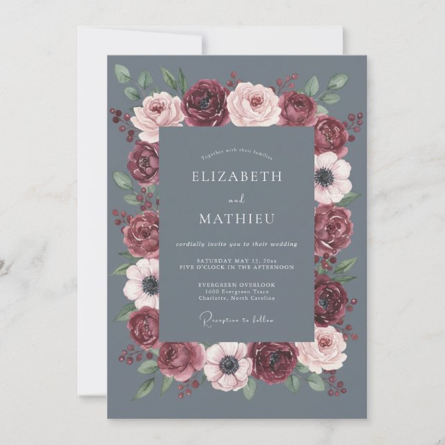 Steel Blue Hushed Winter Wedding Invitation (Front)