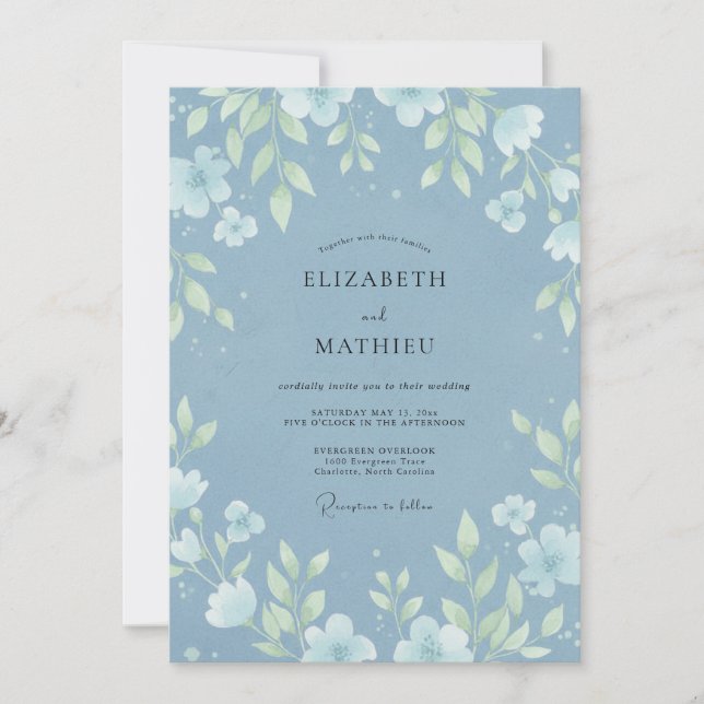 Steel Blue Leaf Wedding Invitation (Front)