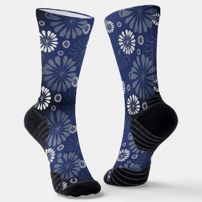 Steel Blue Modern Floral Print Socks (Angled)