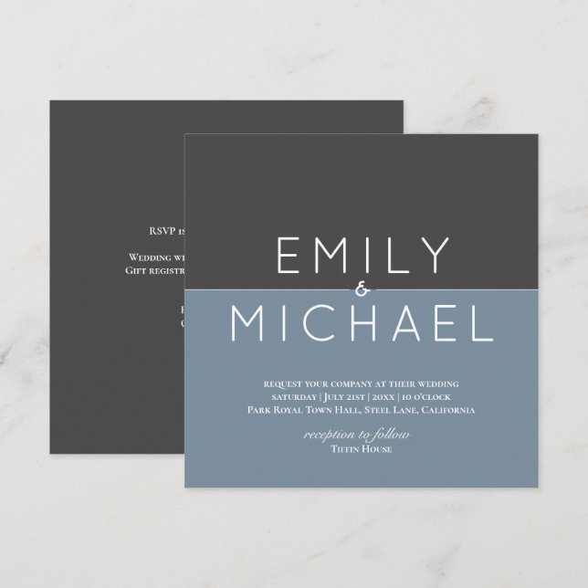 Steel Blue Modern Wedding Invitation - Bold (Front/Back)