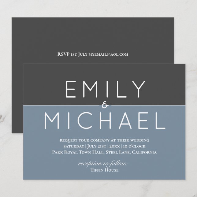 Steel Blue Modern Wedding Invitation - Bold (Front/Back)