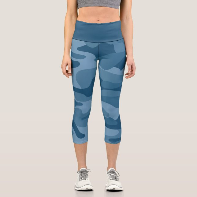 Steel Blue Monocolor Camo Capri Leggings (Front)