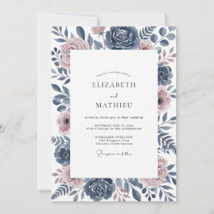 Steel Blue Moody Floral Wedding Invitation