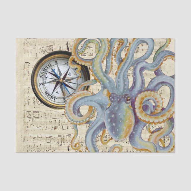 Steel Blue Octopus Music Compass Tissue Paper (Front)