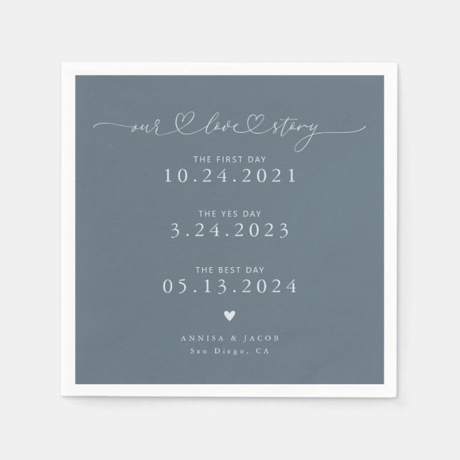 Steel Blue Our Love Story Script Hearts Wedding Napkin (Front)