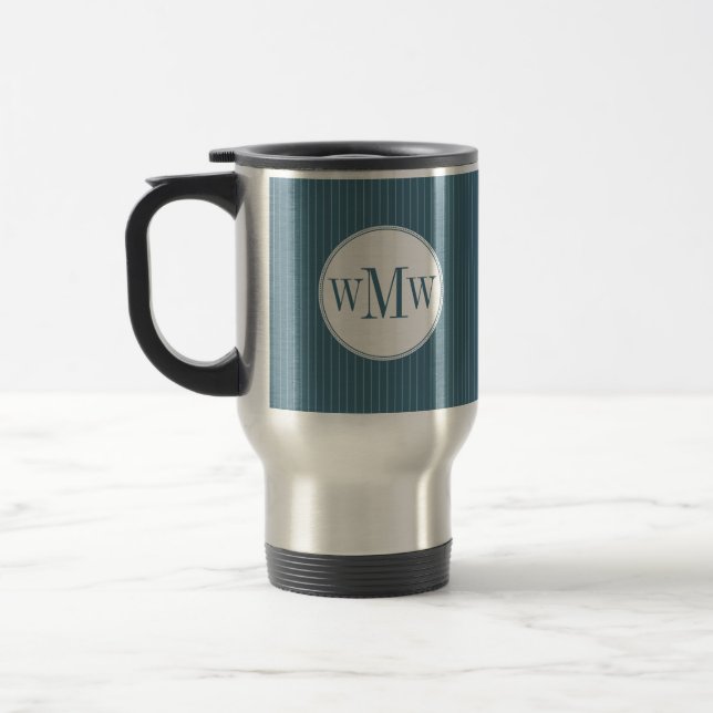 Steel Blue Pinstripe Monogram Travel Mug (Left)