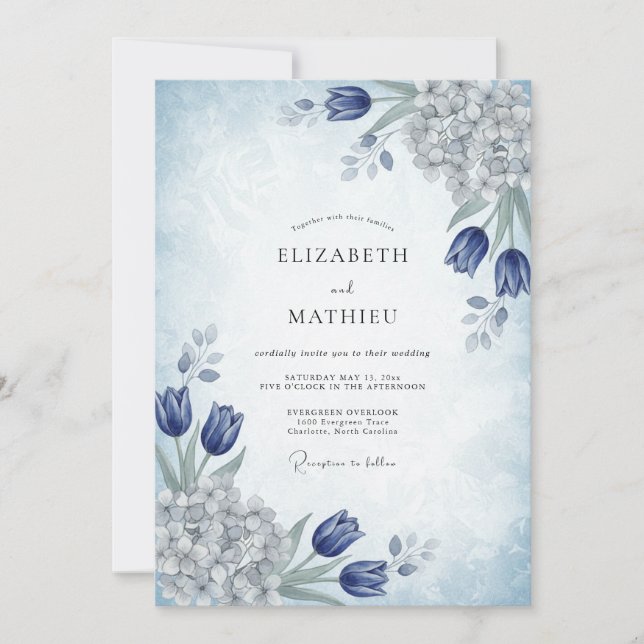 Steel Blue Poetic Spring Wedding Invitation (Front)