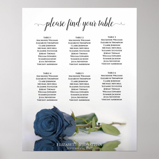 Steel Blue Rose 6 Table Wedding Seating Chart (Front)
