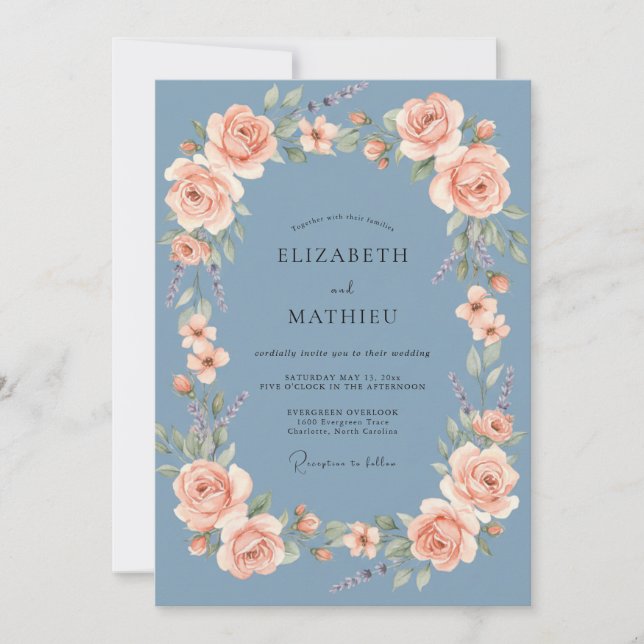 Steel Blue Rose Wedding Invitation (Front)