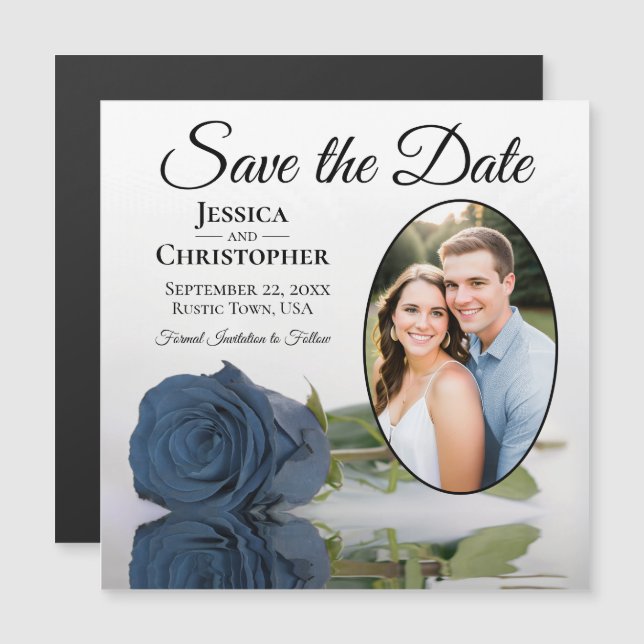 Steel Blue Rose Wedding Save The Date Photo Magnet (Front/Back)