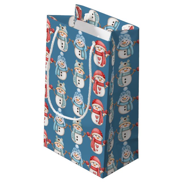 Steel Blue Snowmen Small Gift Bag (Back Angled)