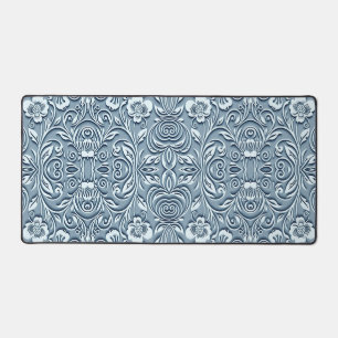 Steel Blue Symmetrical Embossed Floral Design  Desk Mat
