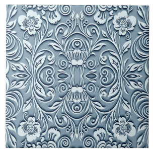 Steel Blue Symmetrical Embossed Floral Design Tile