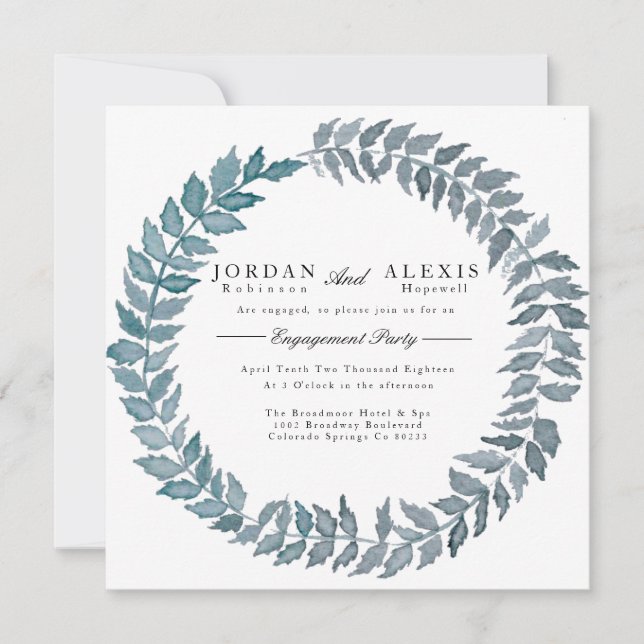 Steel Blue Vine | Watercolor Engagement Party Invitation (Front)