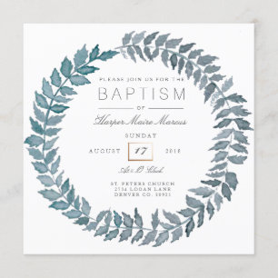 Steel Blue Vine Watercolor Wreath Baptism Invitation