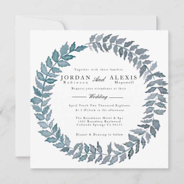 Steel Blue Vine | Watercolor Wreath Wedding Invitation (Front)