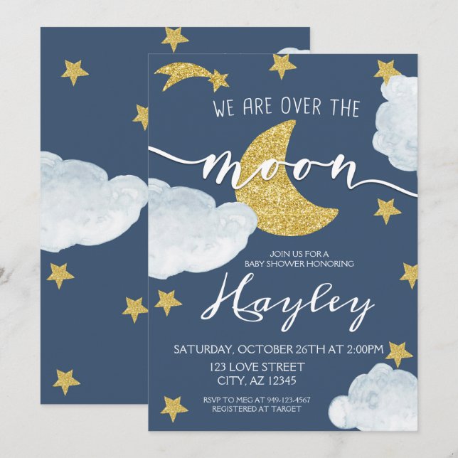 Steel Blue We are Over the Moon Baby Shower Invitation (Front/Back)