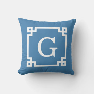 Steel Blue Wht Greek Key Frame #2 Initial Monogram Cushion