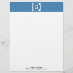 Steel Blue Wht Greek Key Frame #2 Initial Monogram Letterhead Template