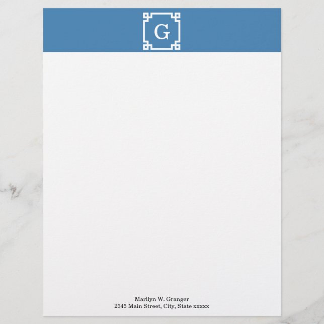 Steel Blue Wht Greek Key Frame #2 Initial Monogram Letterhead Template (Front)