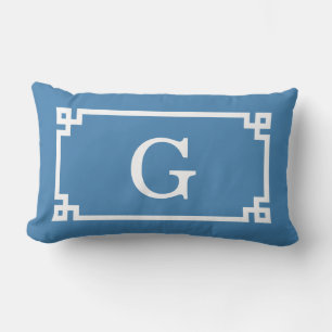 Steel Blue Wht Greek Key Frame #2 Initial Monogram Lumbar Cushion