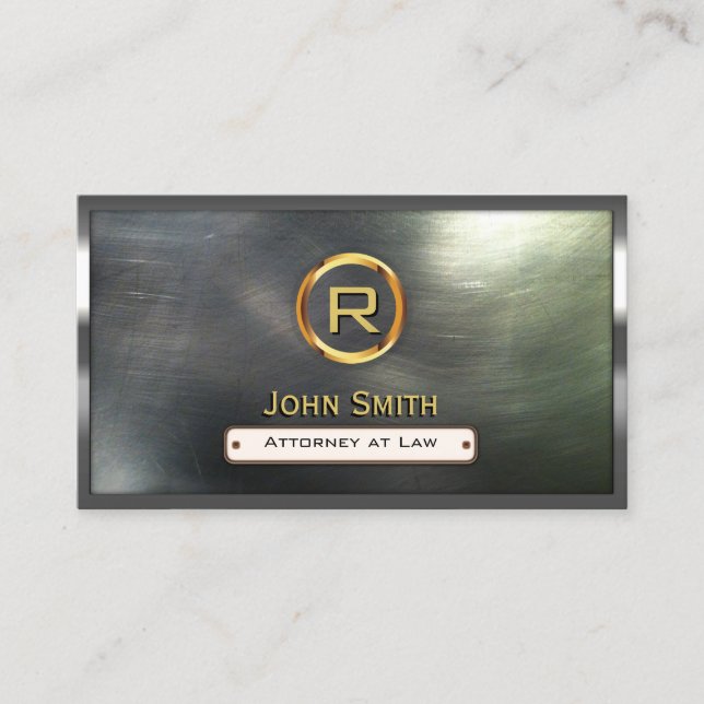 Steel Border Gold Monogram Lawyer Business Card (Front)