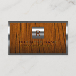 Steel Border Monogram Woodgrain Business Card