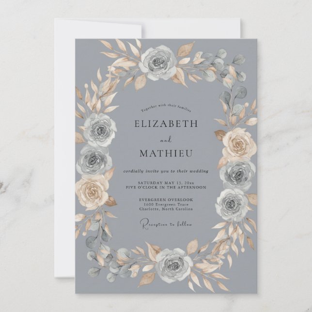 Steel Champagne Wreath Wedding Invitation (Front)