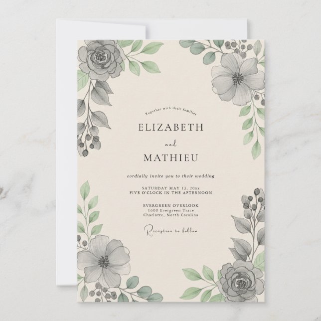 Steel Charcoal Leafy Wedding Invitation (Front)