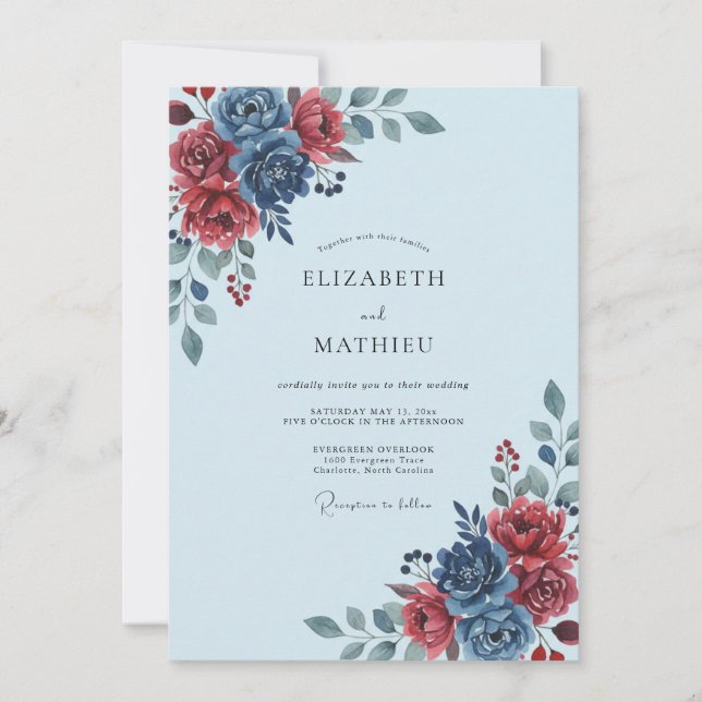 Steel Crimson Blossom Wedding Invitation (Front)