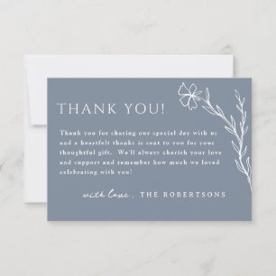 Steel Dusty Blue Simple Stenciled Floral Botanical Thank You Card
