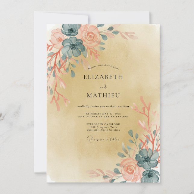 Steel Dusty Peach Leaf Wedding Invitation (Front)