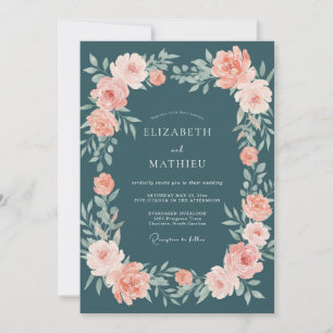 Steel Dusty Peach Leafy Wedding Invitation