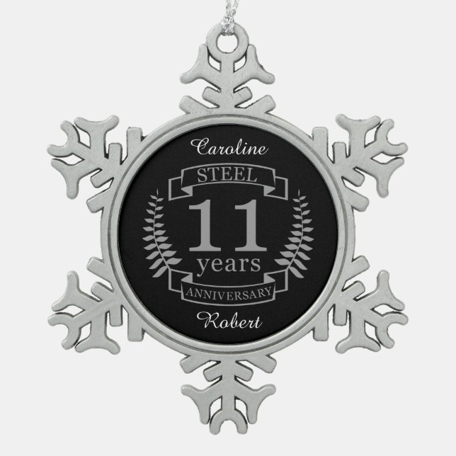 Steel Eleventh wedding anniversary 11 years Snowflake Pewter Christmas Ornament (Front)