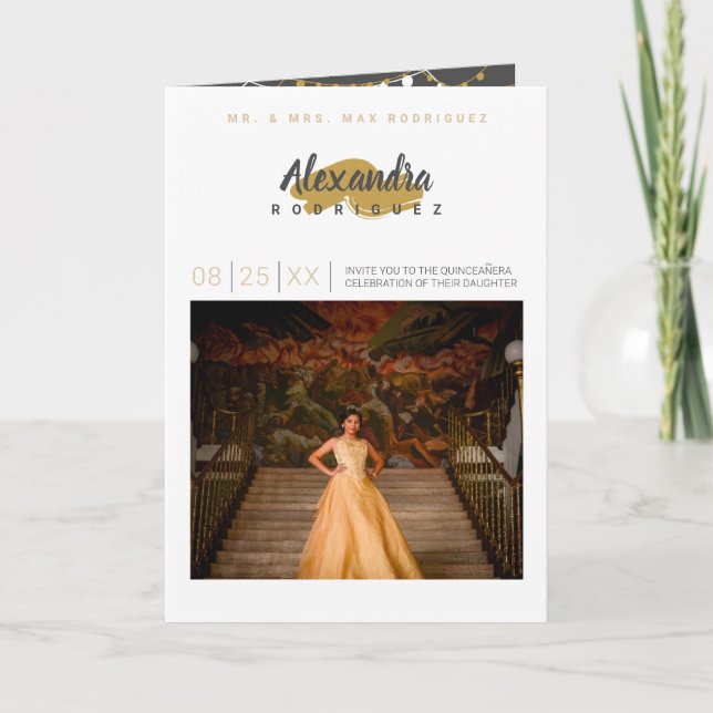 Steel Grey and Gold Photo Quinceanera Invitation (Front)