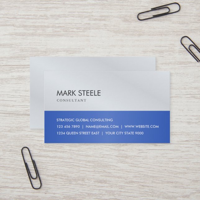 Steel Grey and Royal Blue Simple and Elegant Business Card (Front/Back In Situ)